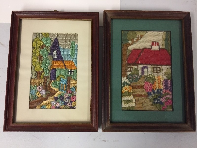 lot 11 image: 2 Framed Embroidered Cottage Pictures