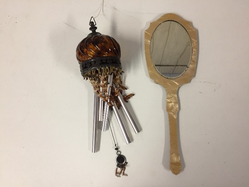 lot 16 image: Amber Beaded Windchime & Vintage Dresser Mirror