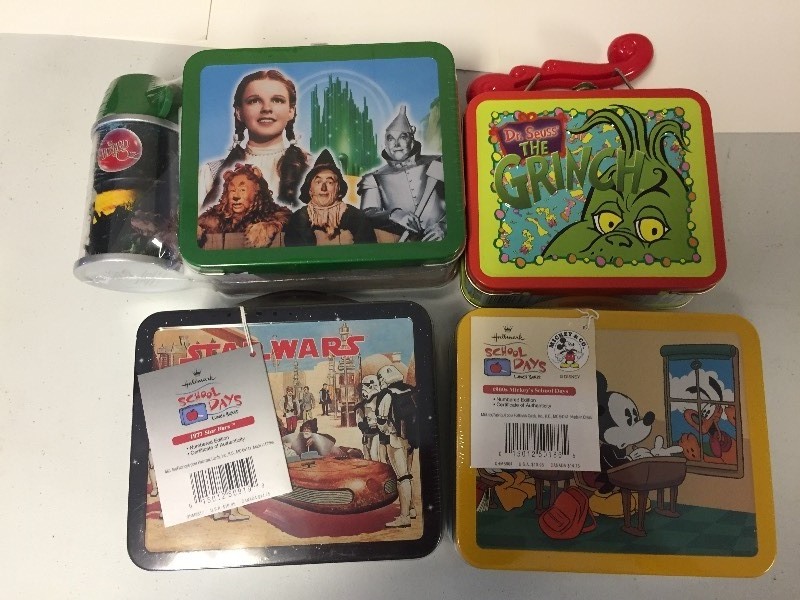 lot 31 image: Hallmark School Days Lunch Boxes - Mickey, Grinch, Star Wars, Wizard of Oz