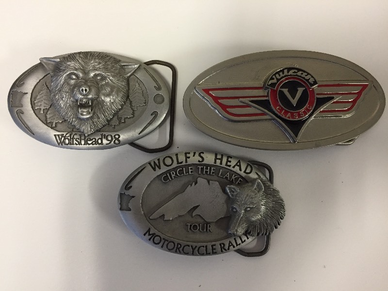 lot 53 image: 3 belt Buckles - Vulcan - Motorcycle - Wolfs Head