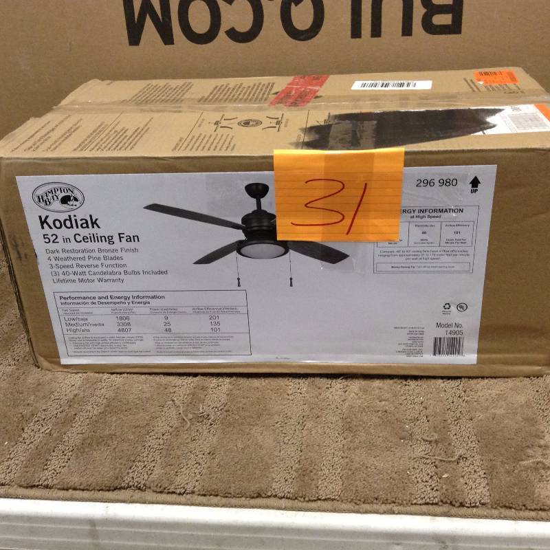 lot 31 image: Hampton Bay Kodiak 52 in Ceiling Fan open box never used