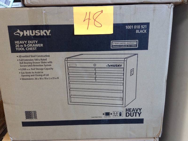 lot 48 image: Husky Heavy Duty 26 in 9 drawer Tool Chest open box never used