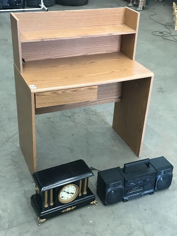 lot 28 image: Computer Desk, Stereo, Mantel Clock