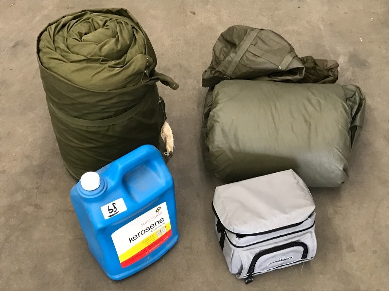lot 68 image: Sleeping Bag, Body Suit, Kerosene, Cooler
