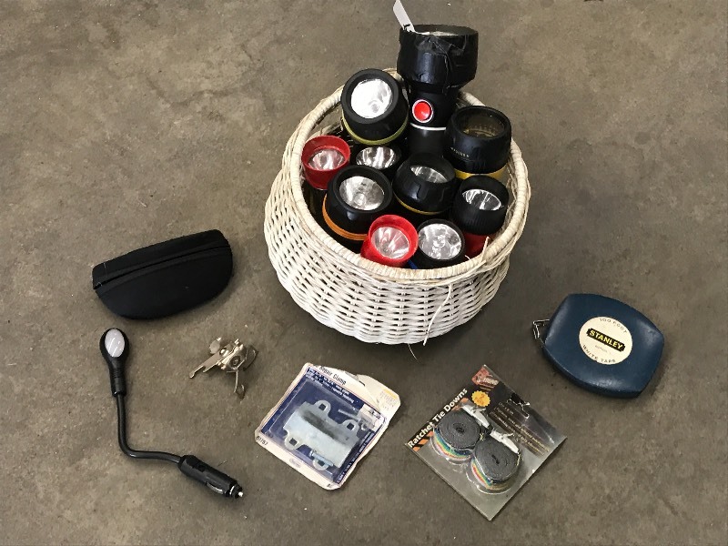 lot 69 image: Flashlights, 12Volt Light, 100 Tape, Tie-Downs, Bottle Opener