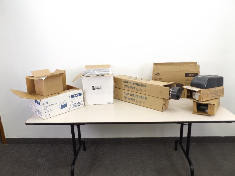 lot 32 image: Large Lot of New in Box Commercial Soap, Toilet Paper, Cup, etc. Dispensers
