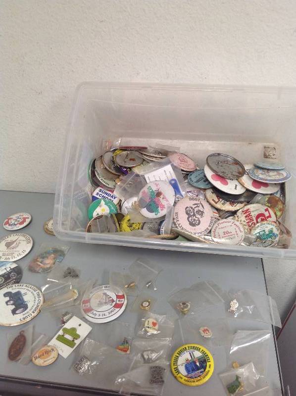 Assorted Button Pins and Stamps