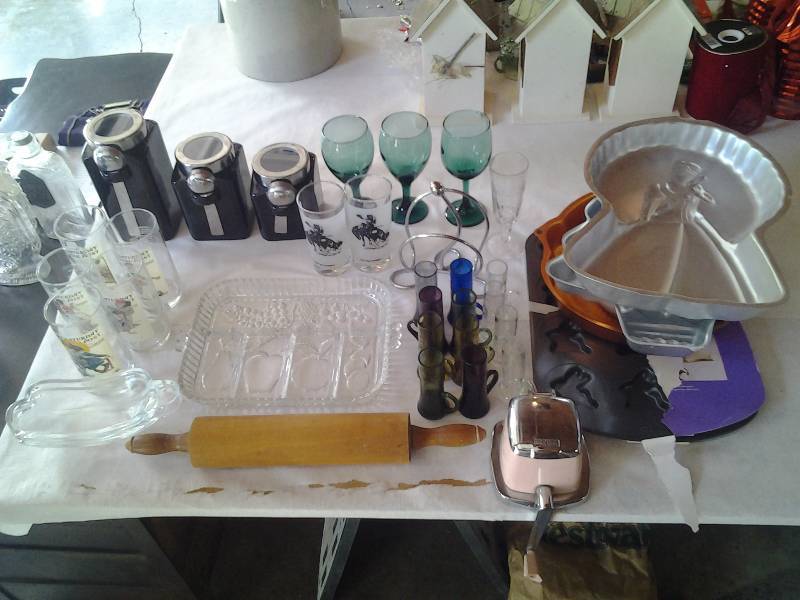 lot 70 image: Lot Of Bake Ware, Vintage Ice Crusher, Cordials, Canisters, Glass Ware