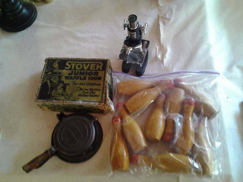 lot 77 image: Vintage Stover Cast Iron Waffle Iron With Original Box, Microscope, Wood Bowling Pins