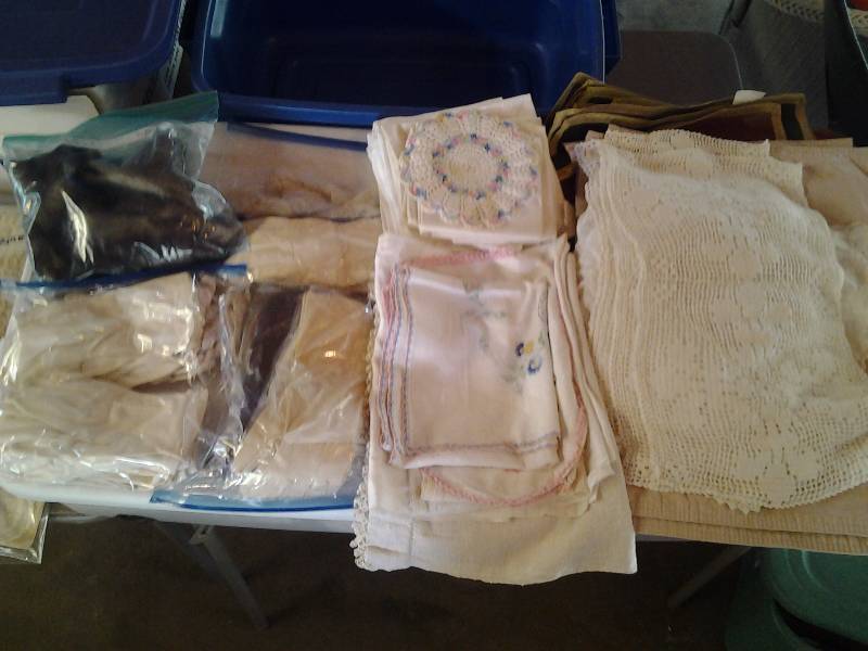 lot 95 image: Lot Of Vintage Gloves, Mink Collar, Table Linens, Embroidered Doilies, Flour Sack Dish Towel