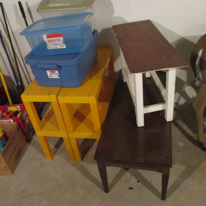 Totes, Plastic Racks & 2 Tables