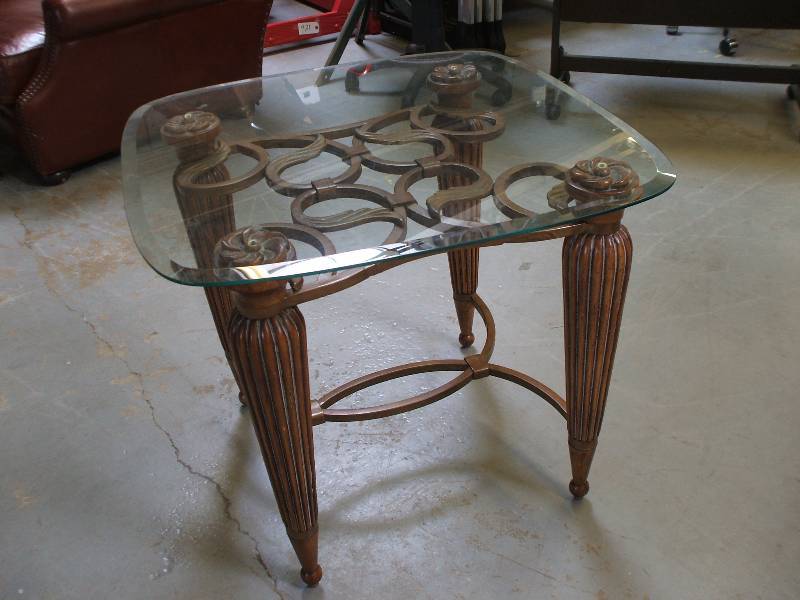 lot 607 image: WOOD, METAL AND GLASS END TABLE