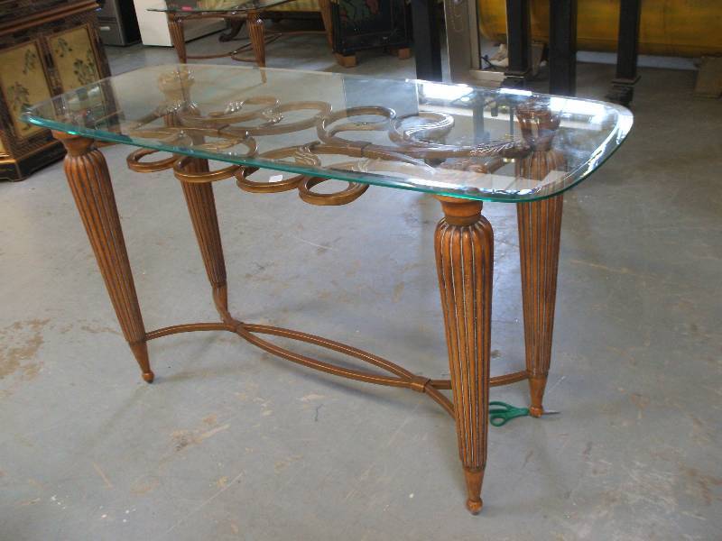 lot 606 image: WOOD, METAL AND GLASS SOFA TABLE