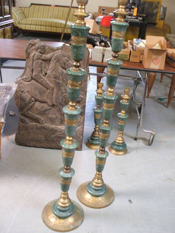 lot 653 image: BRASS AND STONE ASIAN STYLE PILLARS