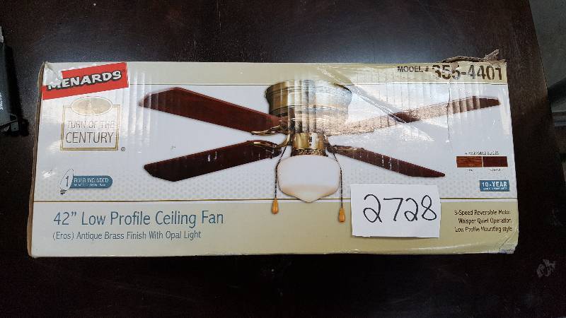 lot 2728 image: 42 Low Profile 3-Speed Reversible Motor Ceiling Fan With Light Antique Brass