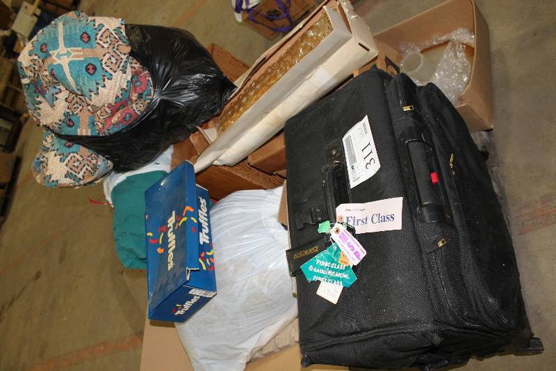 lot 311 image: Pallet Lot with Suit Case, Tent, Candles, Linens, Crock Pot, Christmas Decor and More