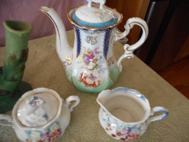 Vintage Weller Double Bud Vase and German Tea Pot, Cream, Sugar, Milk Pitcher, Cup