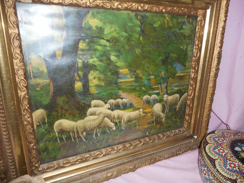 Vintage Sheep Picture Ornate Frame, Scarfs, Wood items, Books, Wicker Basket