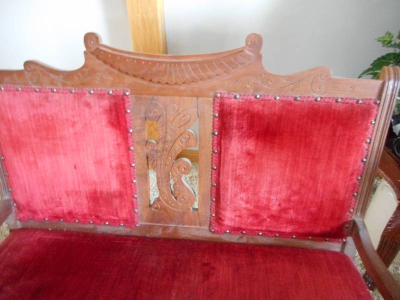 Victorian Settee Red Velvet Carved Wood Love Seat
