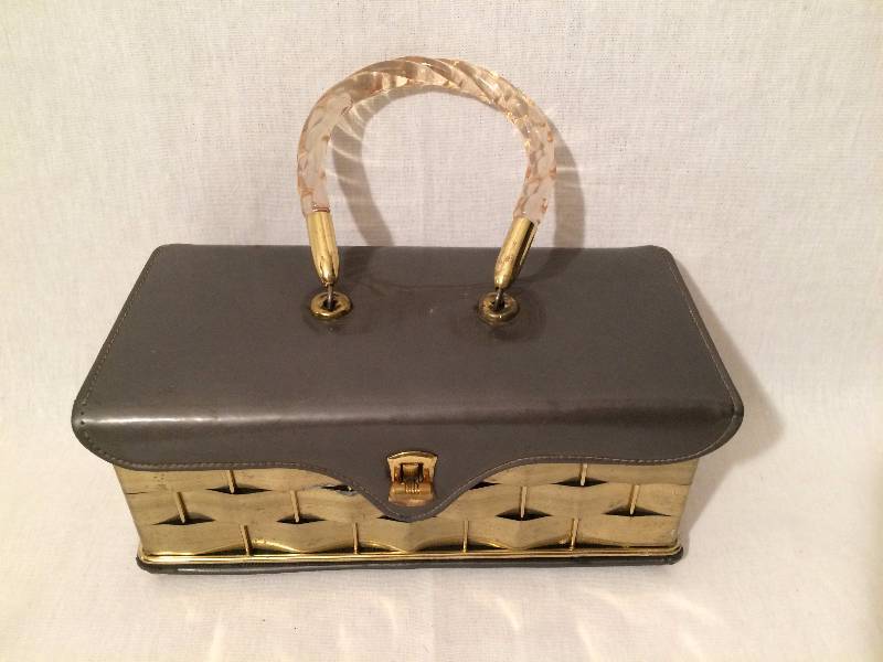 lot 3 image: 1950s Dorset Rex Fifth Avenue Twisted Lucite Handle Gold Brass Weave Basket Lunch Box Purse Grey Vinyl Top - Super Condition - Brass Needs Polishing