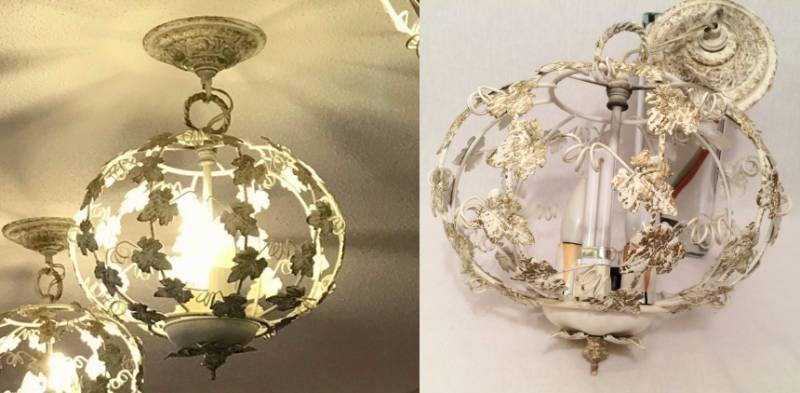 lot 4 image: WOW Authentic Gorgeous Vintage Italian 1950s Tole 15 Cage  Caged Chandelier White Gold Gilt Leaves & Vines Romantic Ceiling Light Fixture Italy Shabby Cottage Chic Hanging Metal Lamp - Works Beautifully