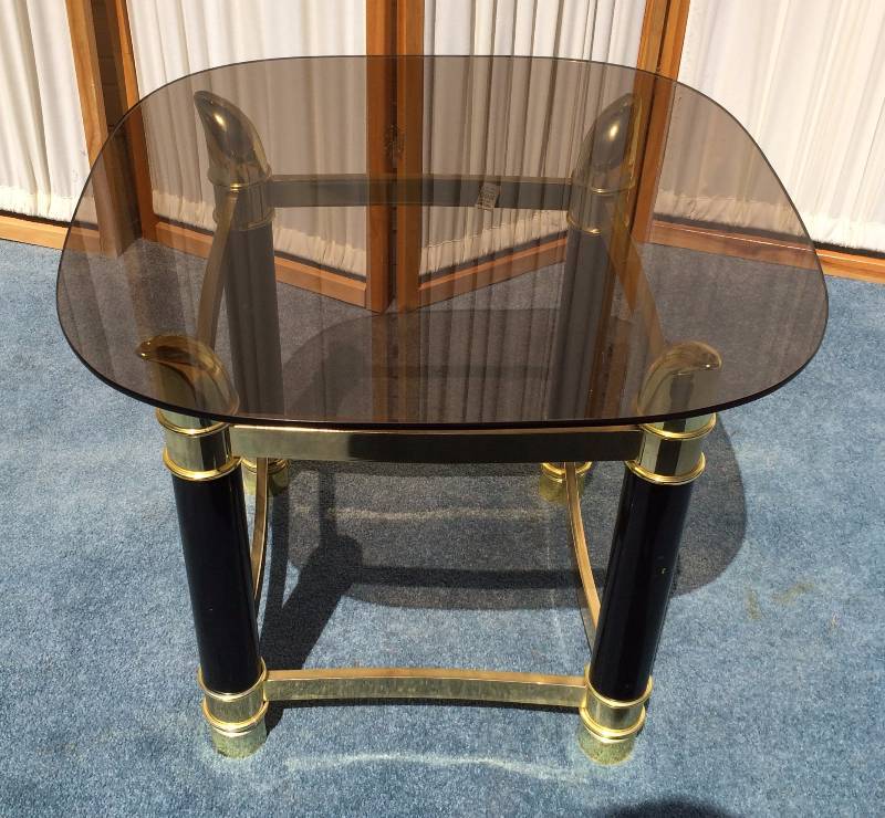 lot 8 image: Mid Century Modern Faux Tusk Horn Gold Brassy & Black Metal & Smoke Glass End Table In The Style Of Famed Designer Tommaso Barbi