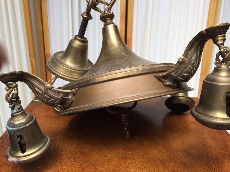 lot 50 image: Antique Victorian Art Deco Chandelier-4 Light Brass Copper Ceiling Fixture - Very Attractive Arms Not Tested
