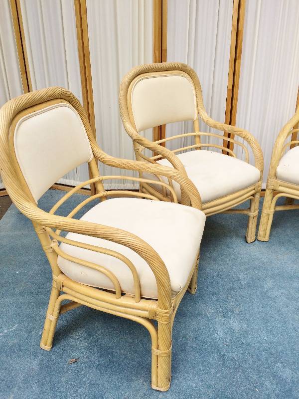 lot 43 image: 1960s Boho Chic Gabriella Crespi Style Twisted Bamboo Rattan Set Of 4 Dining Patio SunRoom Chairs - Currently Selling On Chairish For $650