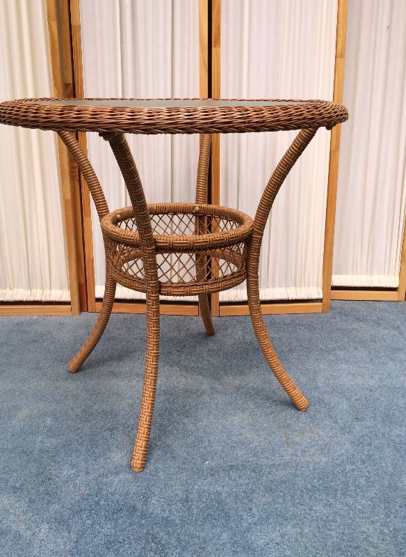lot 27 image: Heavy Duty Round Faux Wicker Bamboo Outdoor Patio Table With Frosted Glass Top - Excellent Condition