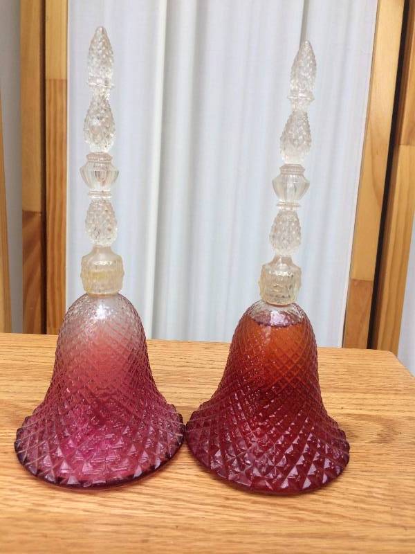lot 37 image: Vintage Pretty Pair Avon Rosepoint Bell Charisma Cologne Perfume Cranberry To Clear Sawtooth Hobnail Glass Bottles - Excellent Condition & Perfume Still left In One Bottle