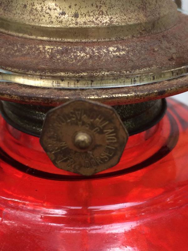 lot 38 image: Antique Red Glass Bottom Dorset Oil Lamp With Burner & Clear Glass Chimney - Super Condition