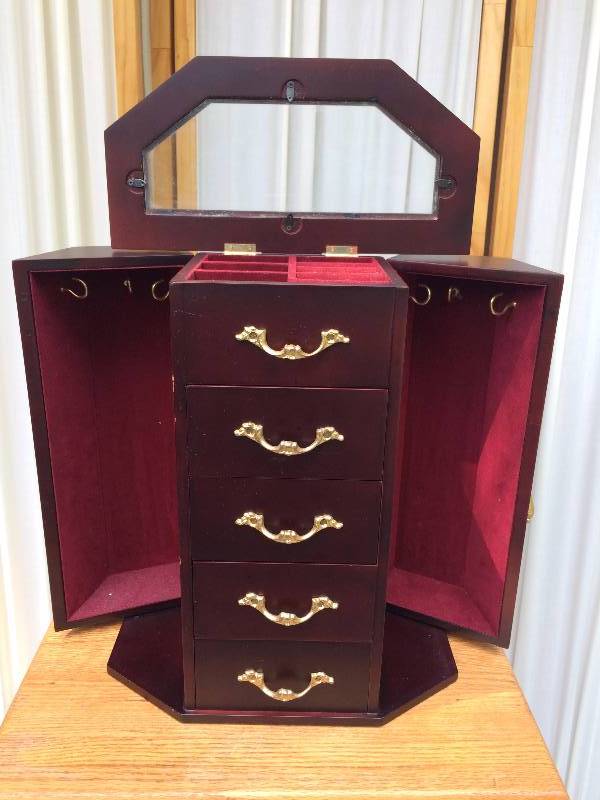 lot 34 image: Large Tall Vintage Cherry Wood Double Door Armoire Jewelry 5 Drawer Box Lift Flip Up Glass Encased Viewing Top Felt Lined Storage Rings Jewels Trinkets Necklaces Watches - Very Good Condtion