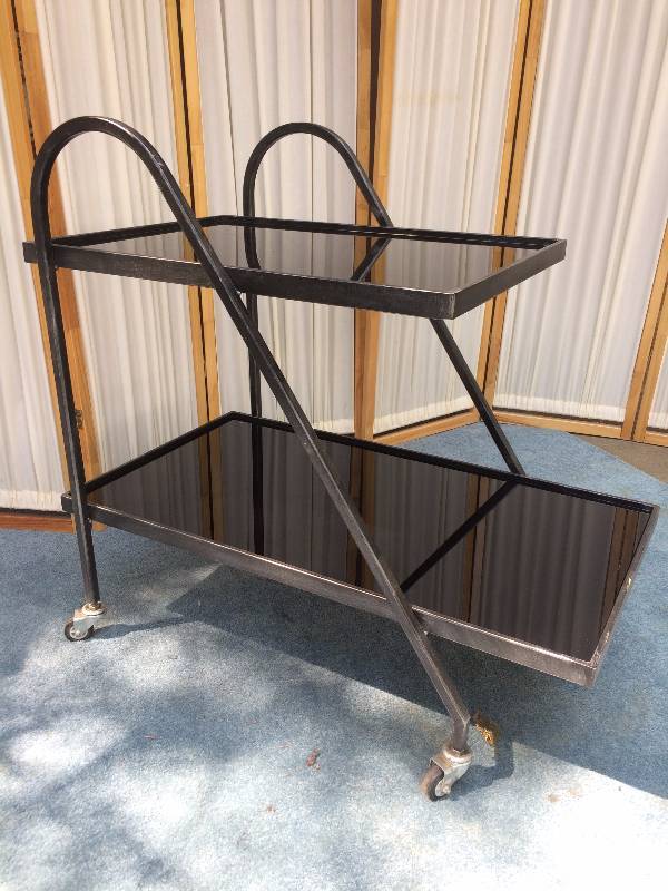 lot 41 image: Stylish Vintage Industrial Modern Loft Heavy Duty Steel And Black Glass Rolling Mobile 2 Tier Beverage Bar Cart Trolley - Very Nice Vintage Condition