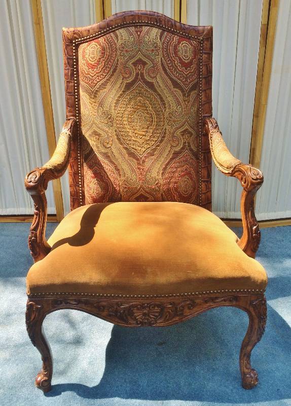 lot 51 image: Rare Vintage Impressive Lord Of The Manor Throne With Ornately Carved Wood Tapestry & Velvet Fabric Upholstery Armchair Accented With Crocodile Skin Hide & Brass Nails