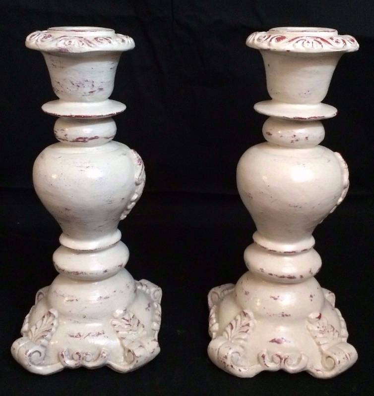 lot 28 image: Beautiful Antique Style Large 13 Pair French Country Shabby Chic Distressed White Carved Terra Cotta Clay Style Plaster Pillar Candle Holders - Excellent Condition