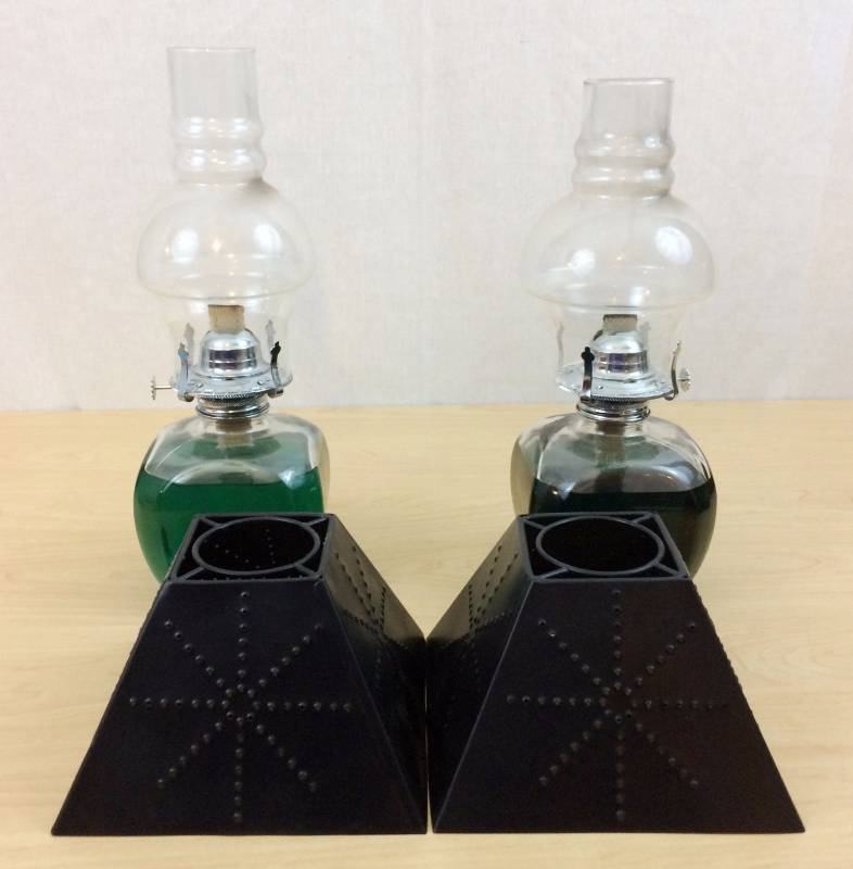 lot 45 image: Vintage Collectible 14 2 Large Lamplight Farms Glass Oil Lamps Cottage Cabin Punch Pierced Tin Metal Shades Glass Hurricanes - Excellent Condition