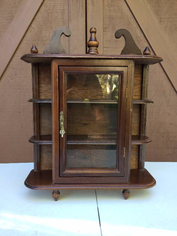 Vintage Collectible Wood Curio Cabinet With Glass Door Wall Mount