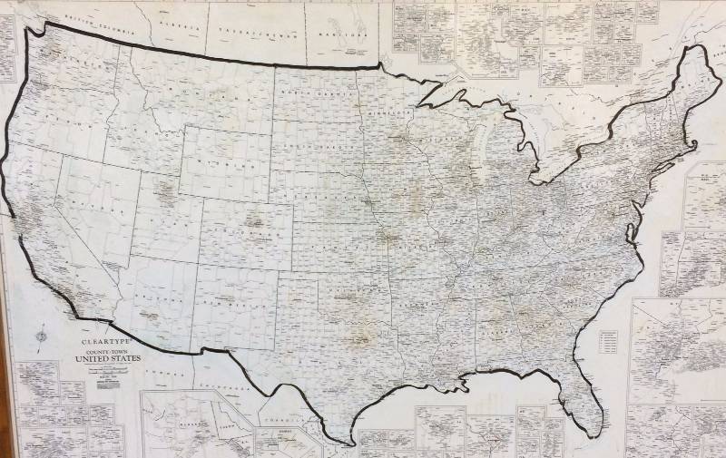 lot 61 image: Vintage Huge 54 x 48 United States Map Wood Framed - Excellent Condition