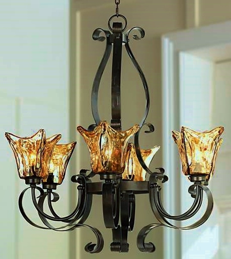 lot 69 image: Designer Created Stunning & Significant Hand Blown Italian Art Glass Tortoise Shell Shades With Oil Rubbed Bronze Finished Iron 6 Light Chandelier Lamp - Like New Condition