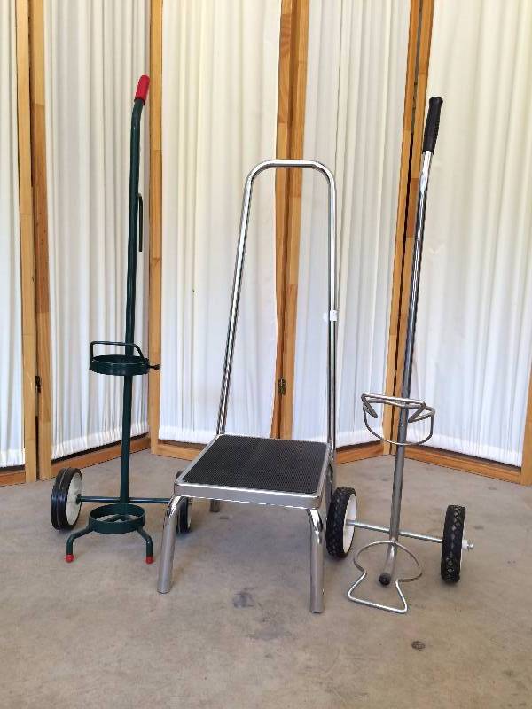 lot 36 image: Lot of two Oxygen Tank Carrier Dollies and a Chrome Metal Stepping Stool - Excellent Condition