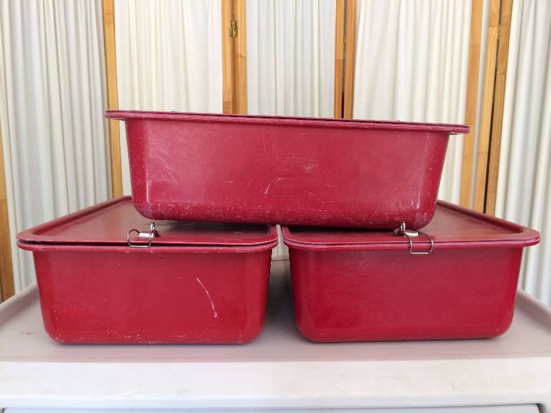 lot 53 image: Lot of 3 Red Sterilization Trays - Bins - Manufactured by Med-Store Inc. - Good Condition