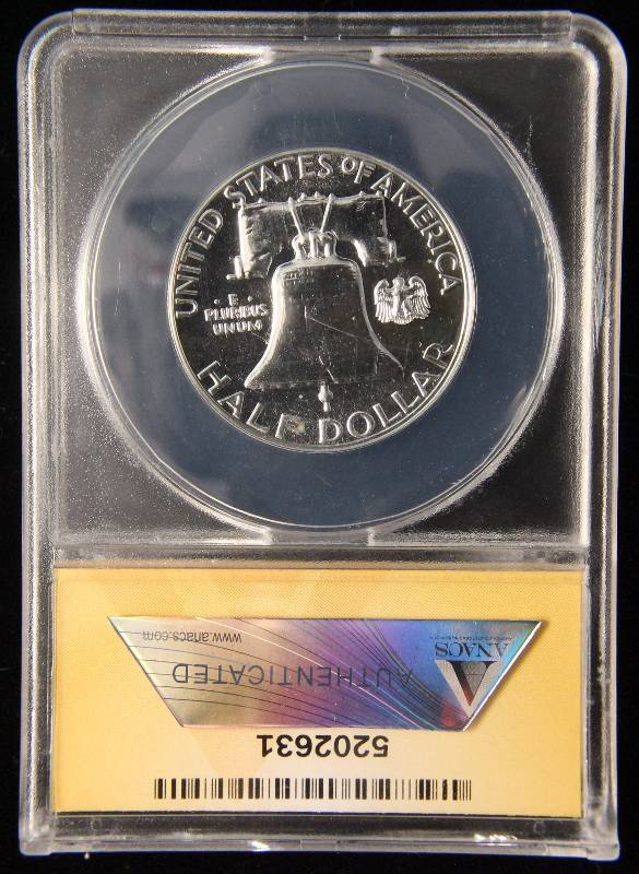 lot 21 image: 1962 PROOF FRANKLIN SILVER HALF DOLLAR PF65 ANACS NOTE SCRATCHES ON SLAB