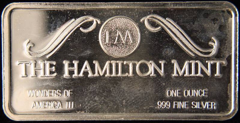lot 27 image: 1 TROY OZ. .999 FINE SILVER BAR GOLDEN GATE BRIDGE HAMILTON MINT