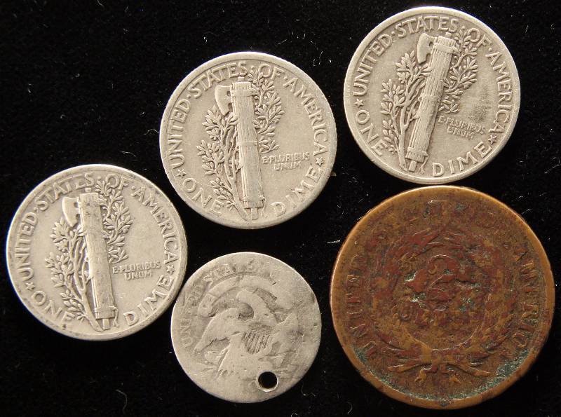 lot 32 image: GROUP OF 5 COINS 3 MERCURY DIMES, 1 BUST HALF DIME & 1 TWO CENT PIECE