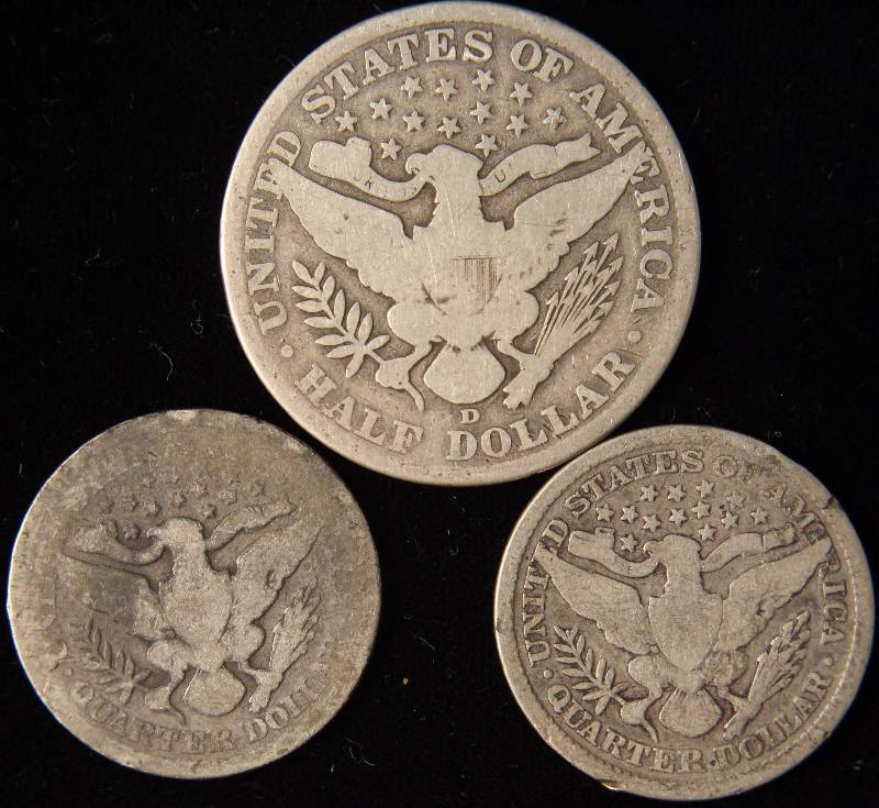 lot 44 image: GROUP OF 3 SILVER BARBER COINS 1894 & 1899 QUARTERS & 1906D HALF
