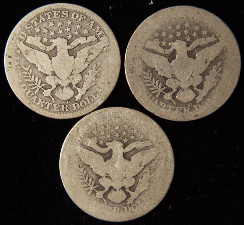 lot 54 image: GROUP OF 3 SILVER BARBER QUARTERS 1902-O, 1911-P & 1916-D