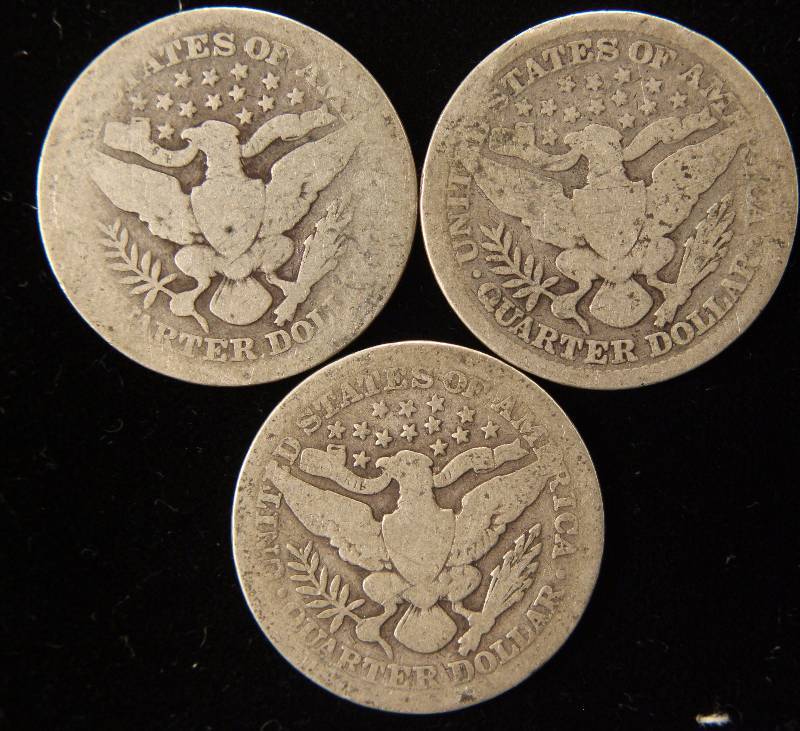 lot 61 image: GROUP OF 3 SILVER BARBER QUARTERS 1899, 1900 & 1909