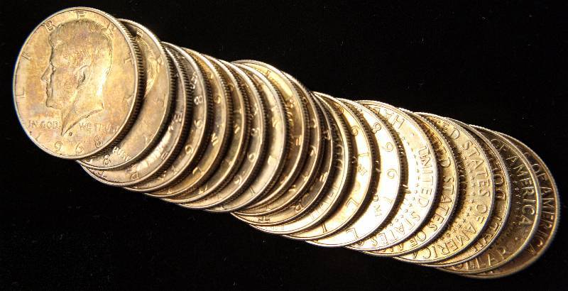 lot 65 image: ROLL OF (20) 1968-D BU 40% SILVER KENNEDY HALF DOLLARS MANY NICELY TONED