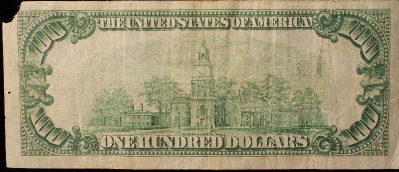 lot 33-A image: 1928 $100 FEDERAL RESERVE NOTE REDEEMABLE IN GOLD VF DETAILS