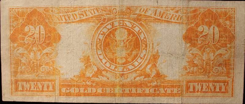 lot 04-A image: 1906 US $20 LARGE SIZE GOLD CERTIFICATE VF